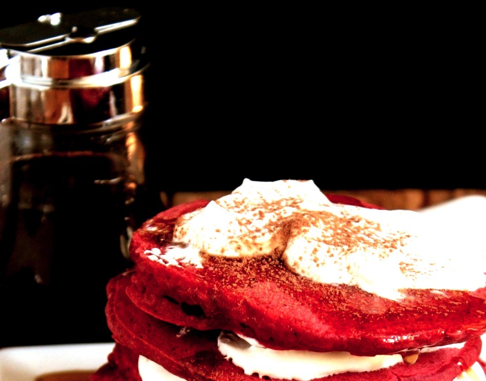 Red Velvet Pancakes with Whipped Cream Cheese