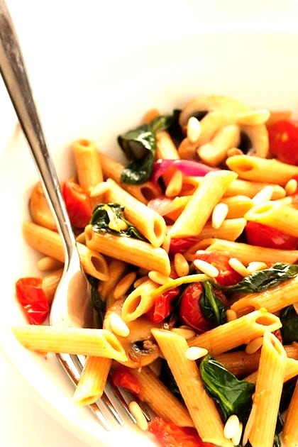 Pasta with Mushrooms, Tomatoes and SpinachSource